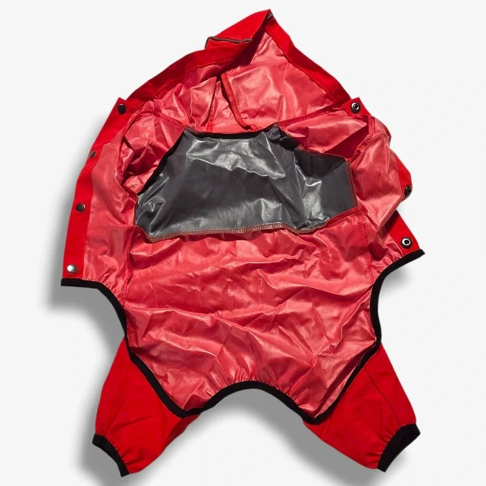 Fashion Class Red Hooded Dog Raincoat Jumpsuit Size Large Reflective Trim